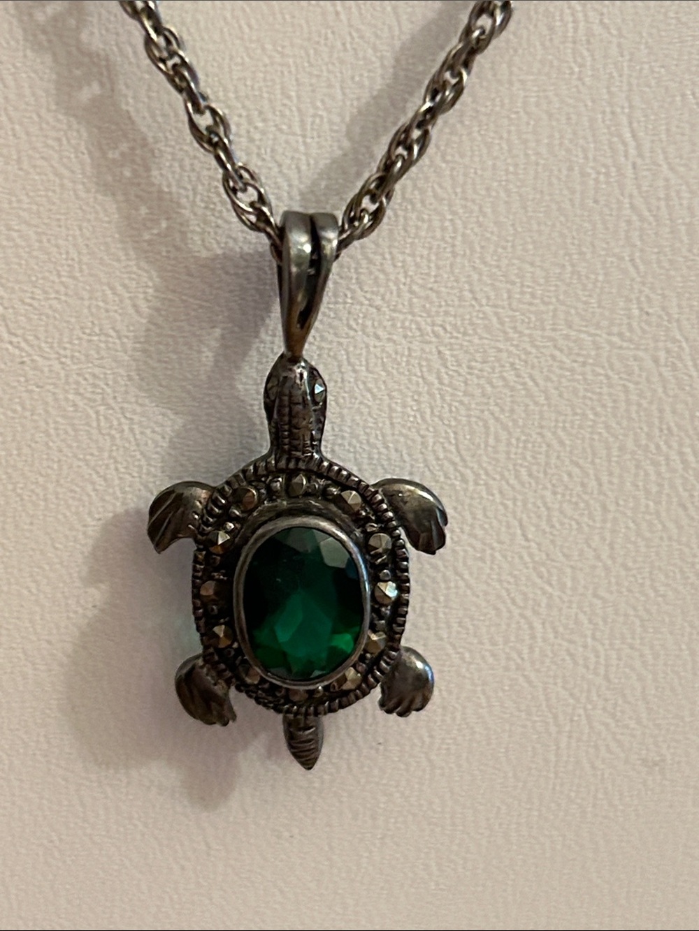 Sterling Silver Turtle Pendant Necklace with Marcasites & Green Gemstone